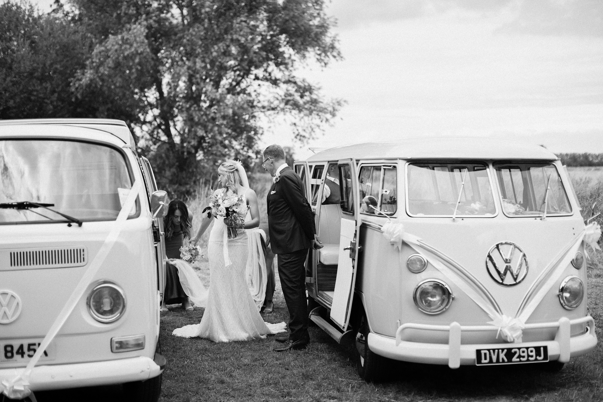 Bride arrives for her wedding at Wilderness Weddings venue in Kent