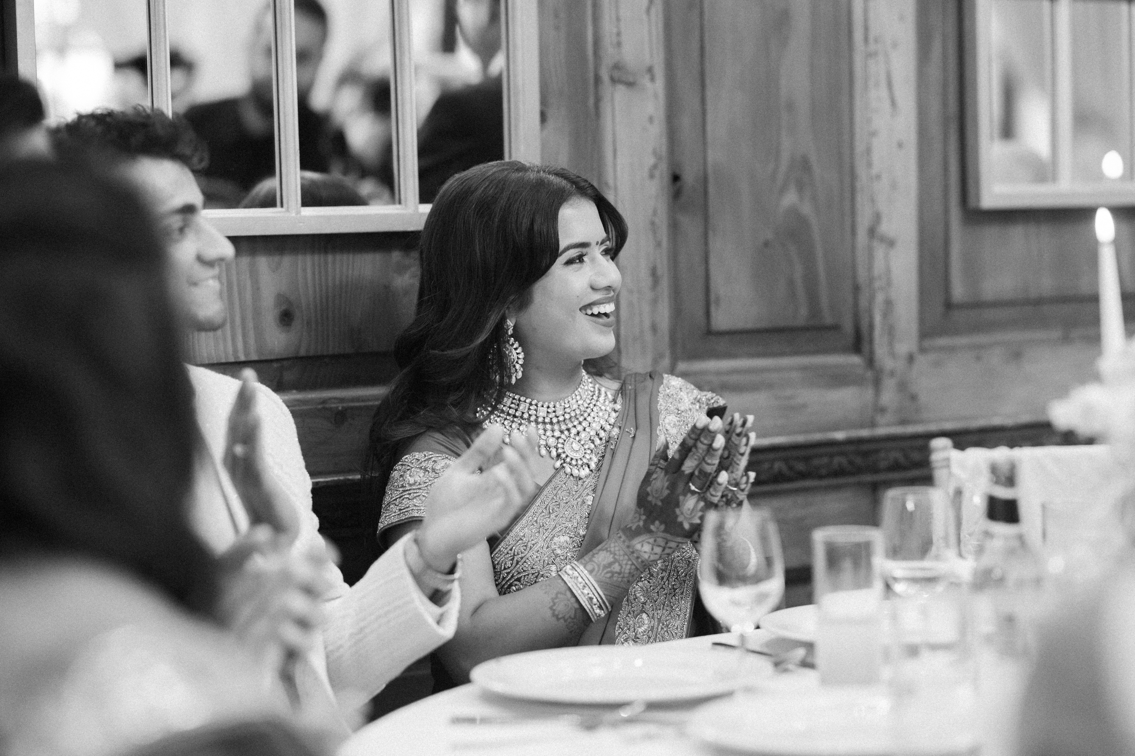 Bride during the speeches in the ballroom at Hedsor House