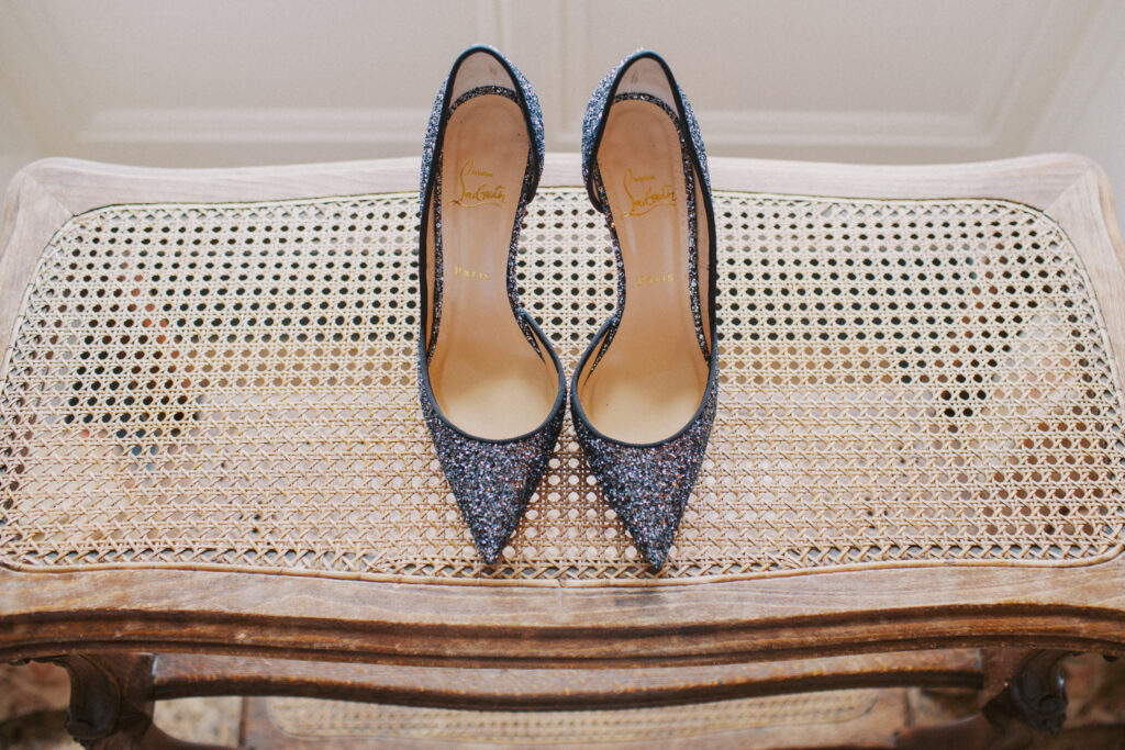 Sparkly blue wedding shoes at Cliveden House Wedding Venue