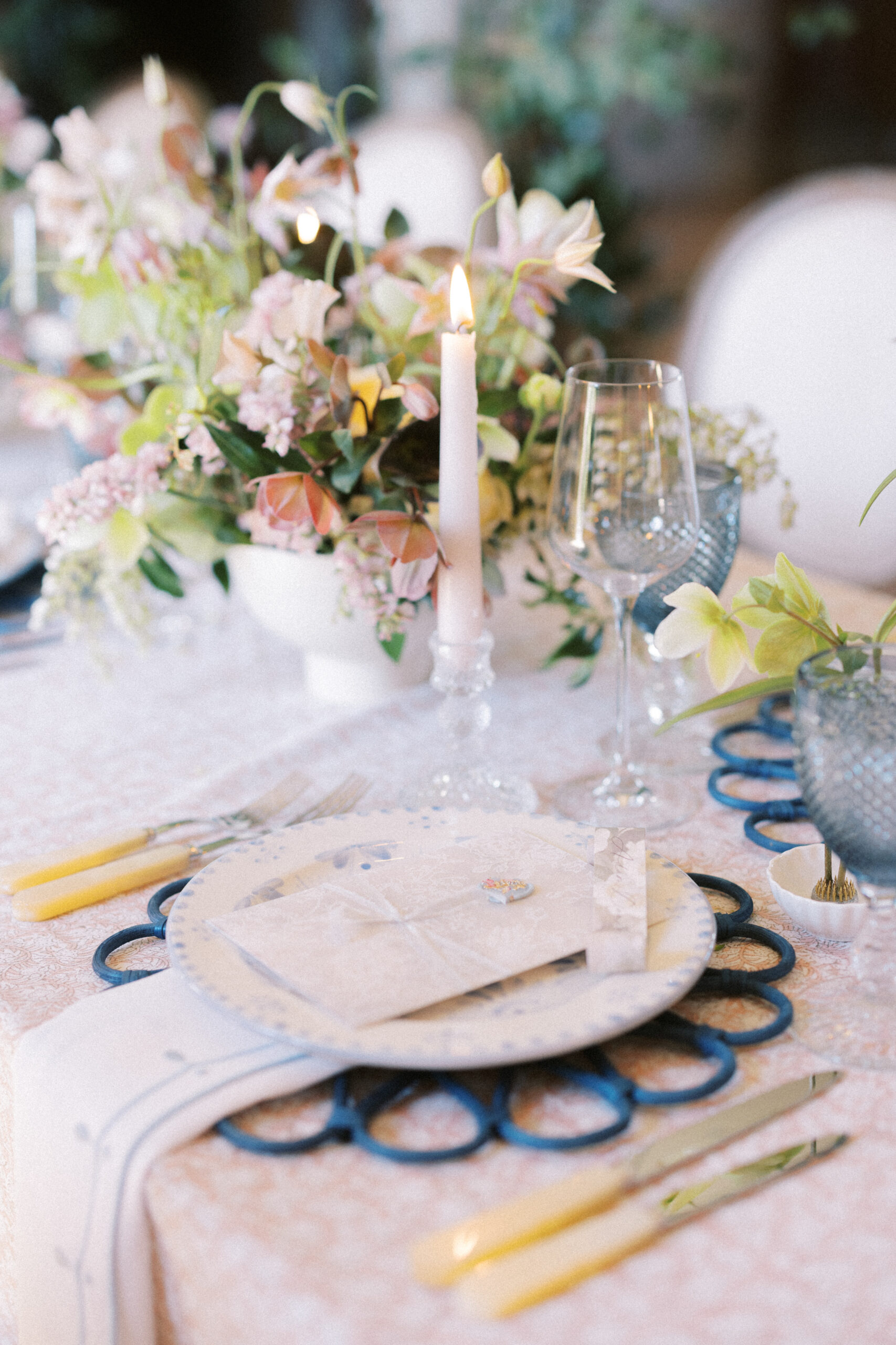 Elegant country house wedding reception table details photographed in Sussex