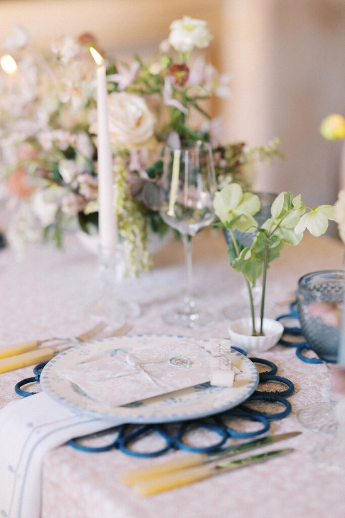 Seasonal flowers and delicate greenery styled for an editorial wedding