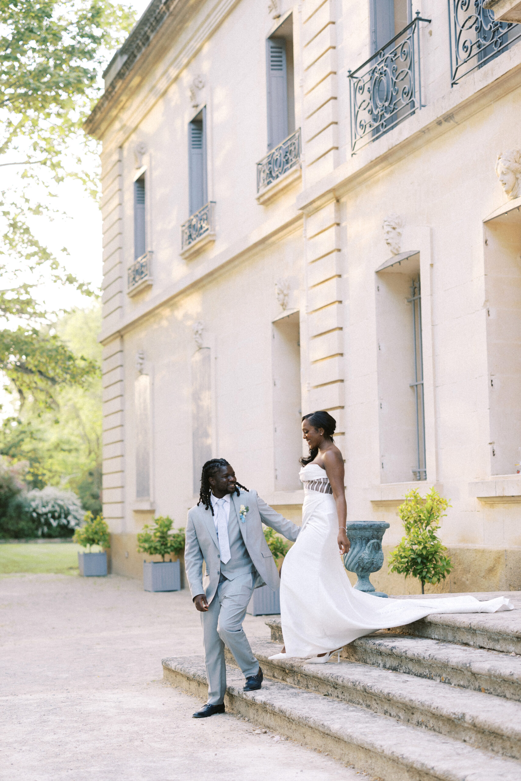 Bride and groom portraits at Chateau de Valmousse during their destination wedding in France