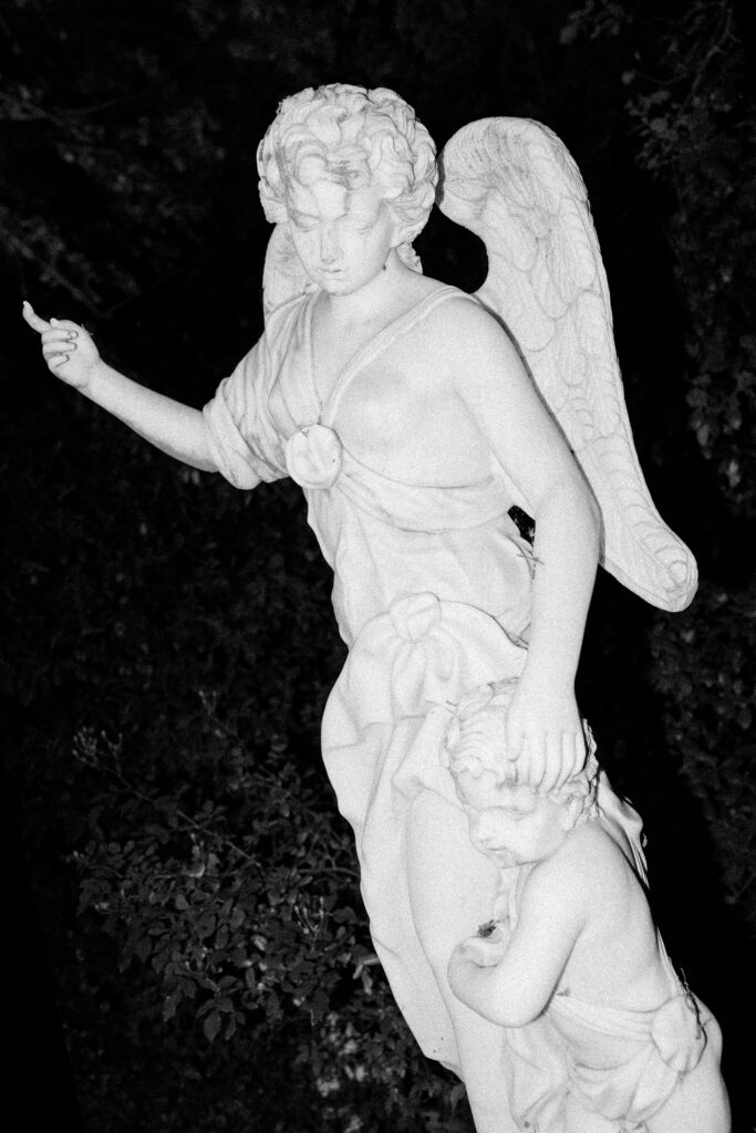 Photograph of a statue at night in the grounds of Chateau de Valmousse in France