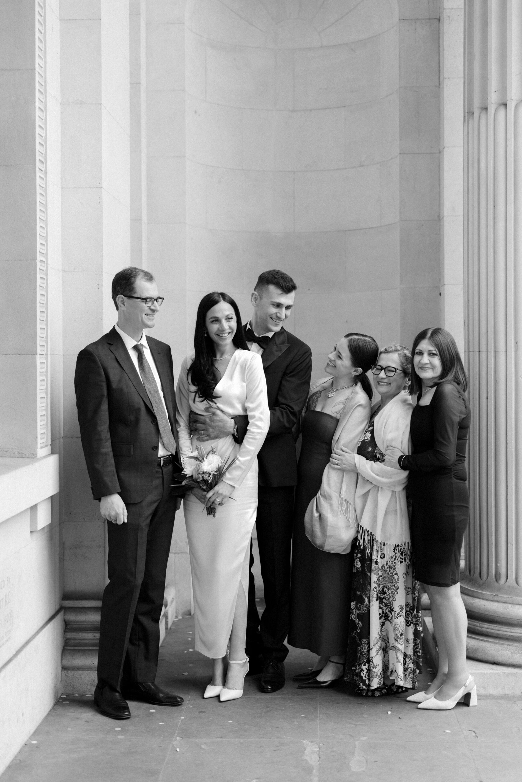 Group shot of guests outside Old Marylebone Town Hall wedding