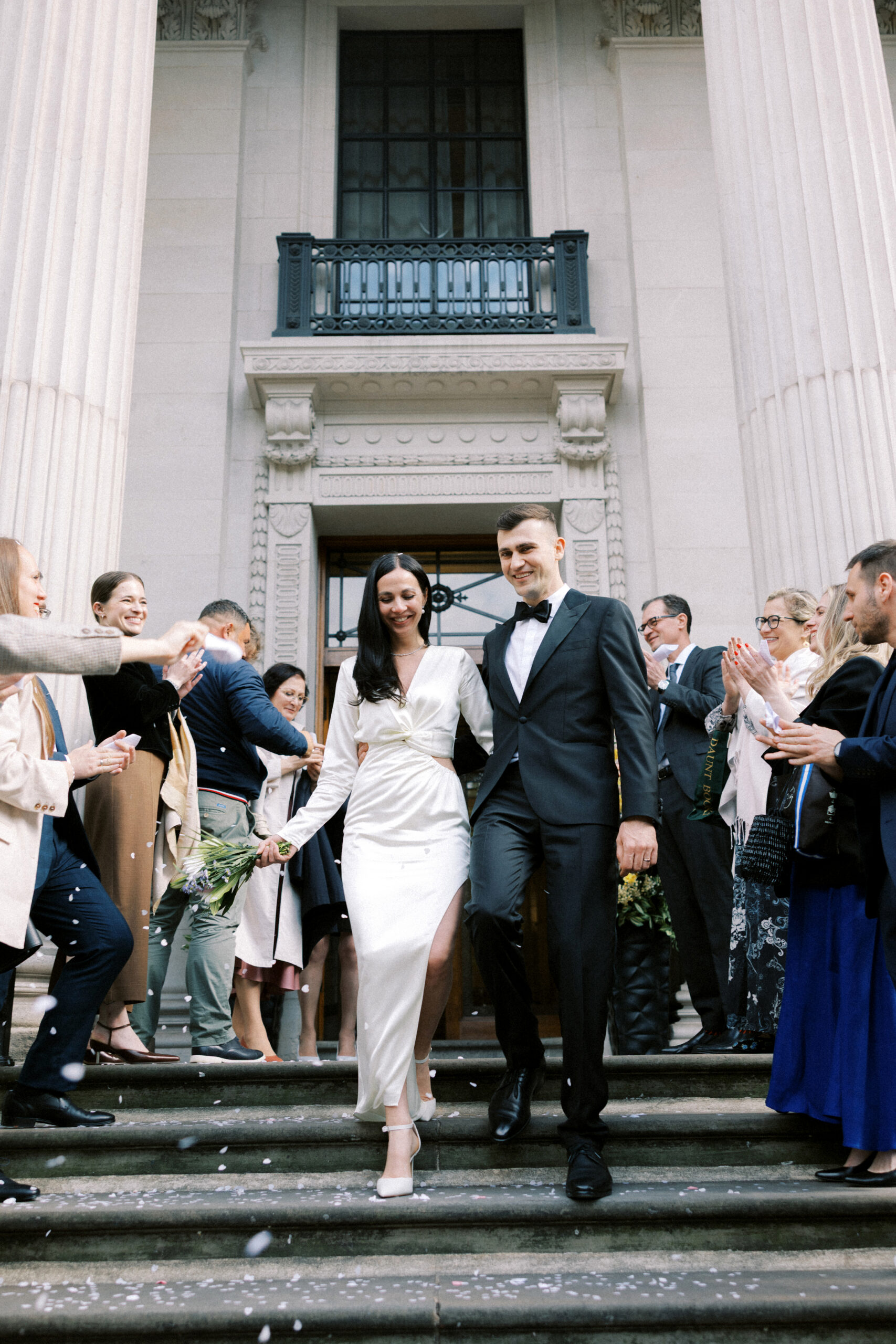 Wedding confetti moment outside Old Marylebone Town Hall London